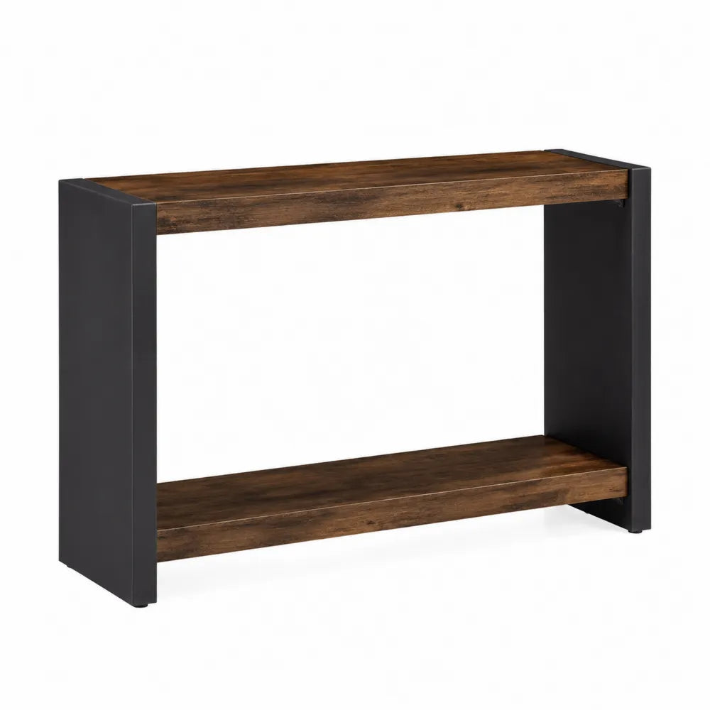 tavolo consolle con ripiano inferiore struttura in metallo nero piano in legno effetto noce 120 cm x 35 cm x 80 cm