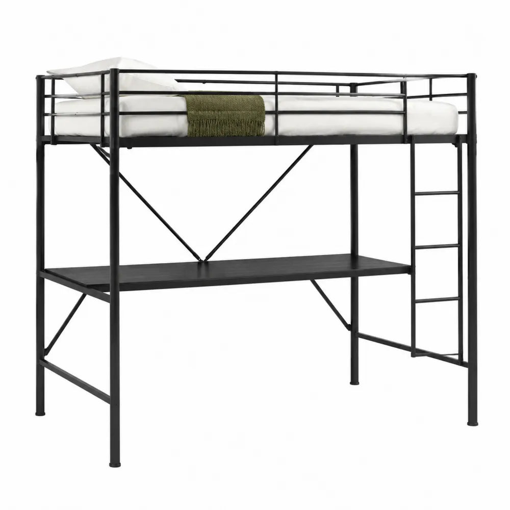 Letto a soppalco in acciaio nero con scrivania integrata e scala laterale 90x200 cm struttura 198 x 96 x 180 cm