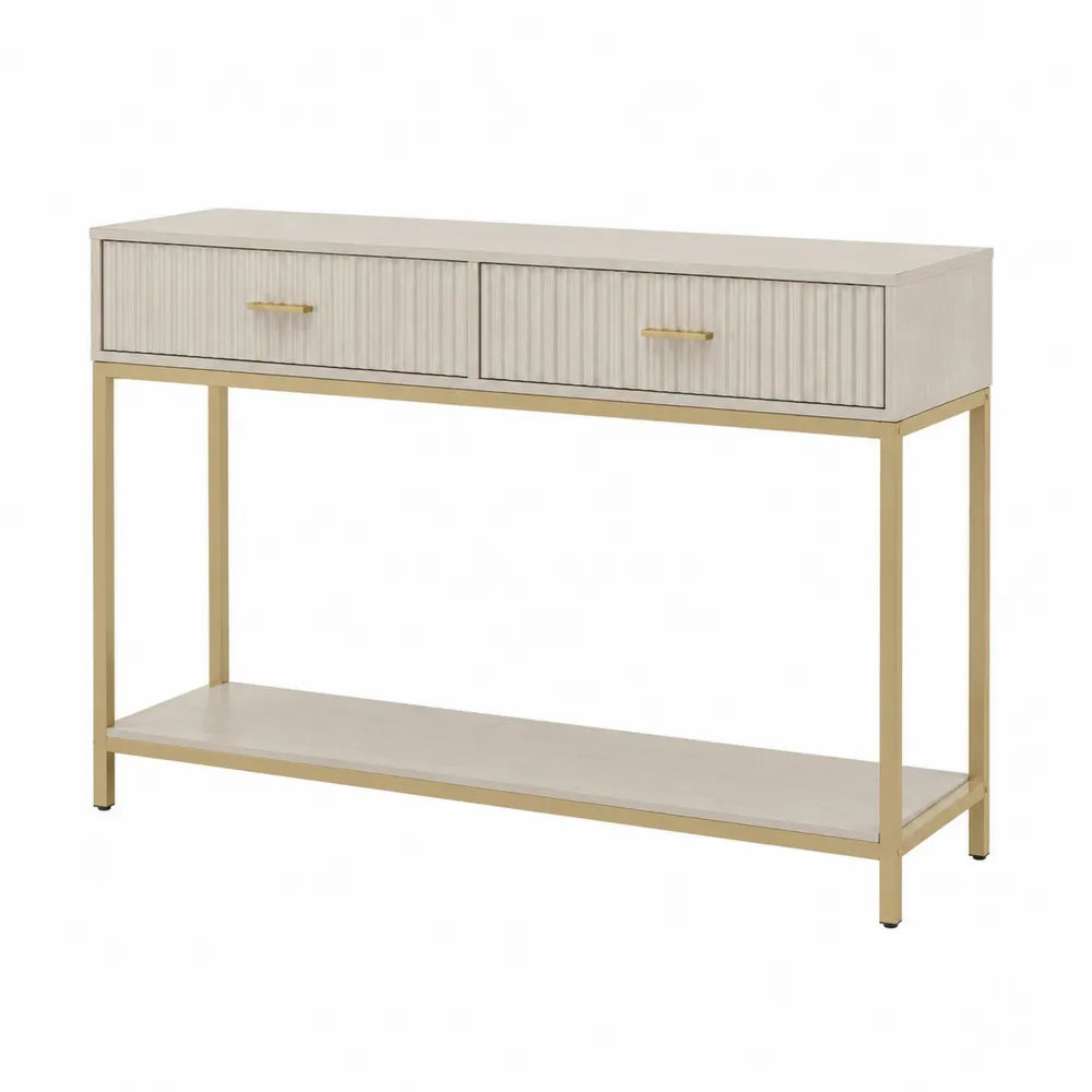 tavolo consolle con doppio cassetto struttura in metallo finitura oro piano effetto legno chiaro e ripiano inferiore 120 cm x dimensioni non specificate x dimensioni non specificate