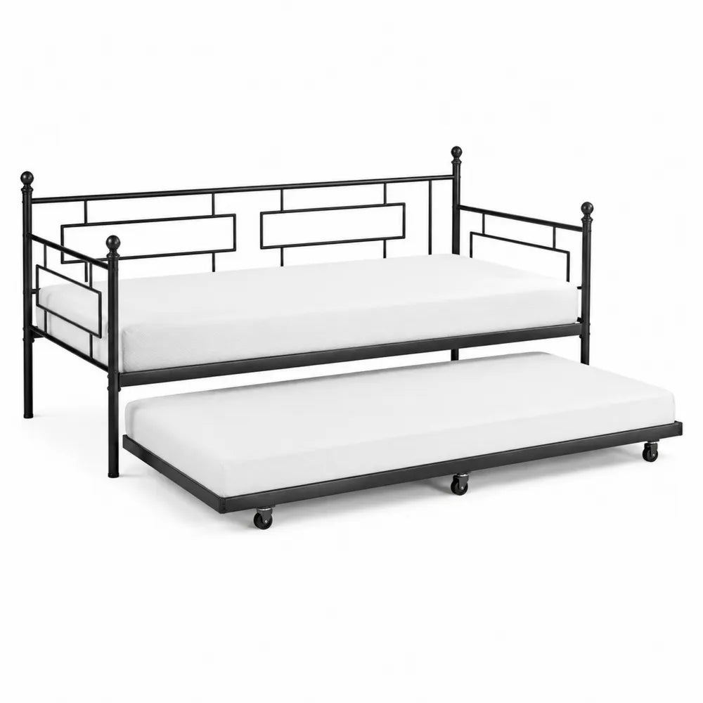 Letto singolo con letto estraibile 90x200 cm in acciaio verniciato nero con rete a doghe e ruote scorrevoli