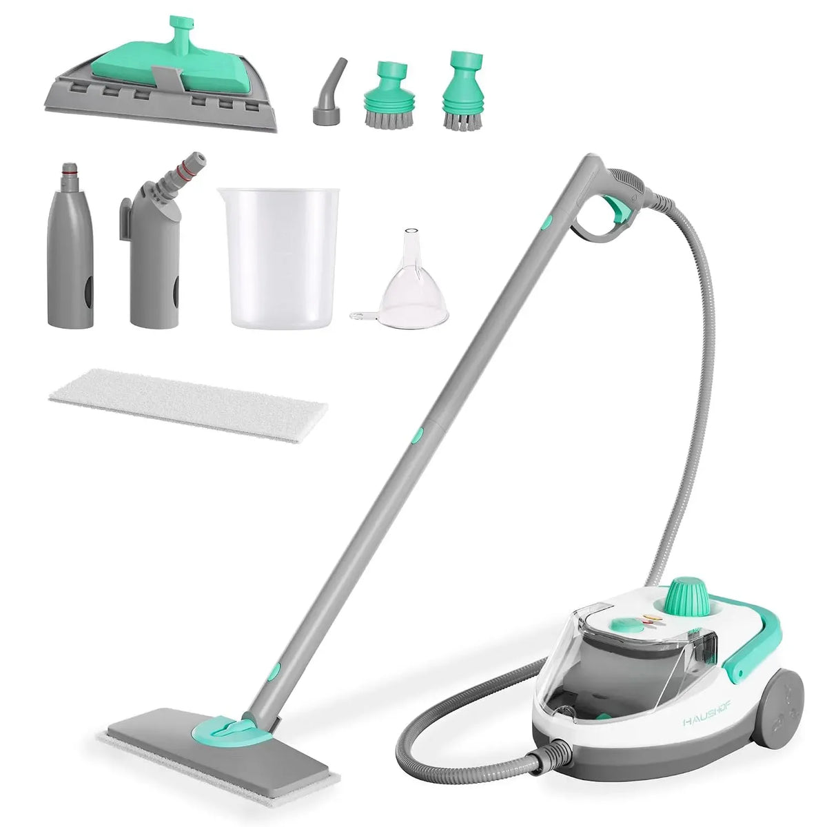 Pulitore a vapore, 1,5 L, 1800 W, HAUSHOF, ampio serbatoio, uso su pavimenti, cucina, auto, finestre e divano, bianco, Vapore 30 Min, 4,0bar