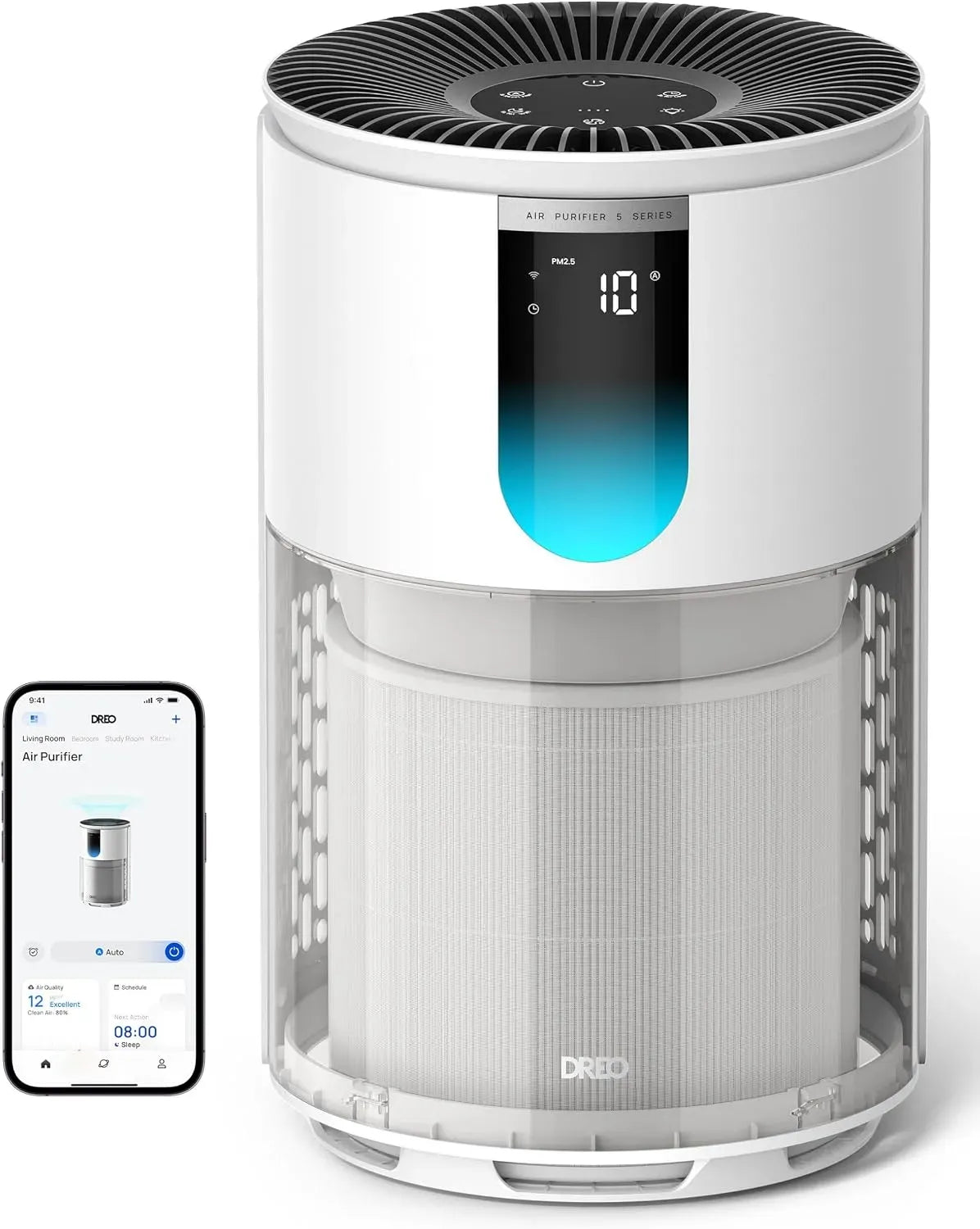 Monitor, 18 dB, DREO HEPA 3, Wi-Fi, Purificatore Aria Camere 109 m², Sensore PM2, Filtro in 1, Verificato AHAM