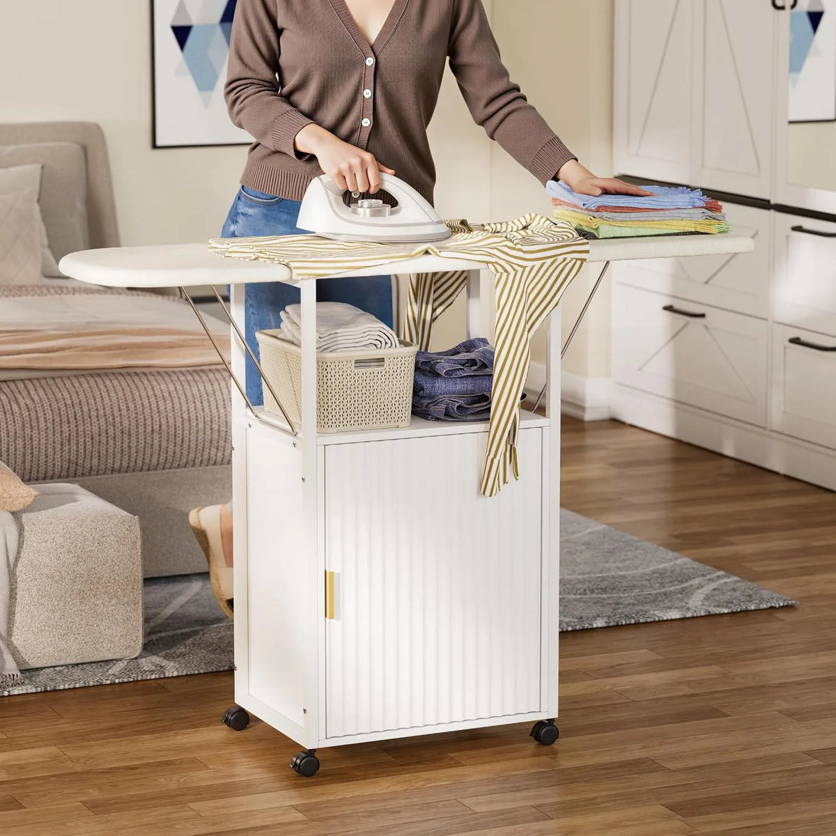 per Lavanderia, Mobile Asse da Stiro con Ruote di Freno e Portaferro da Stiro, per Mobile da Stiro Multiuso con Barra Appendiabiti, 126x52, 5x95 cm
