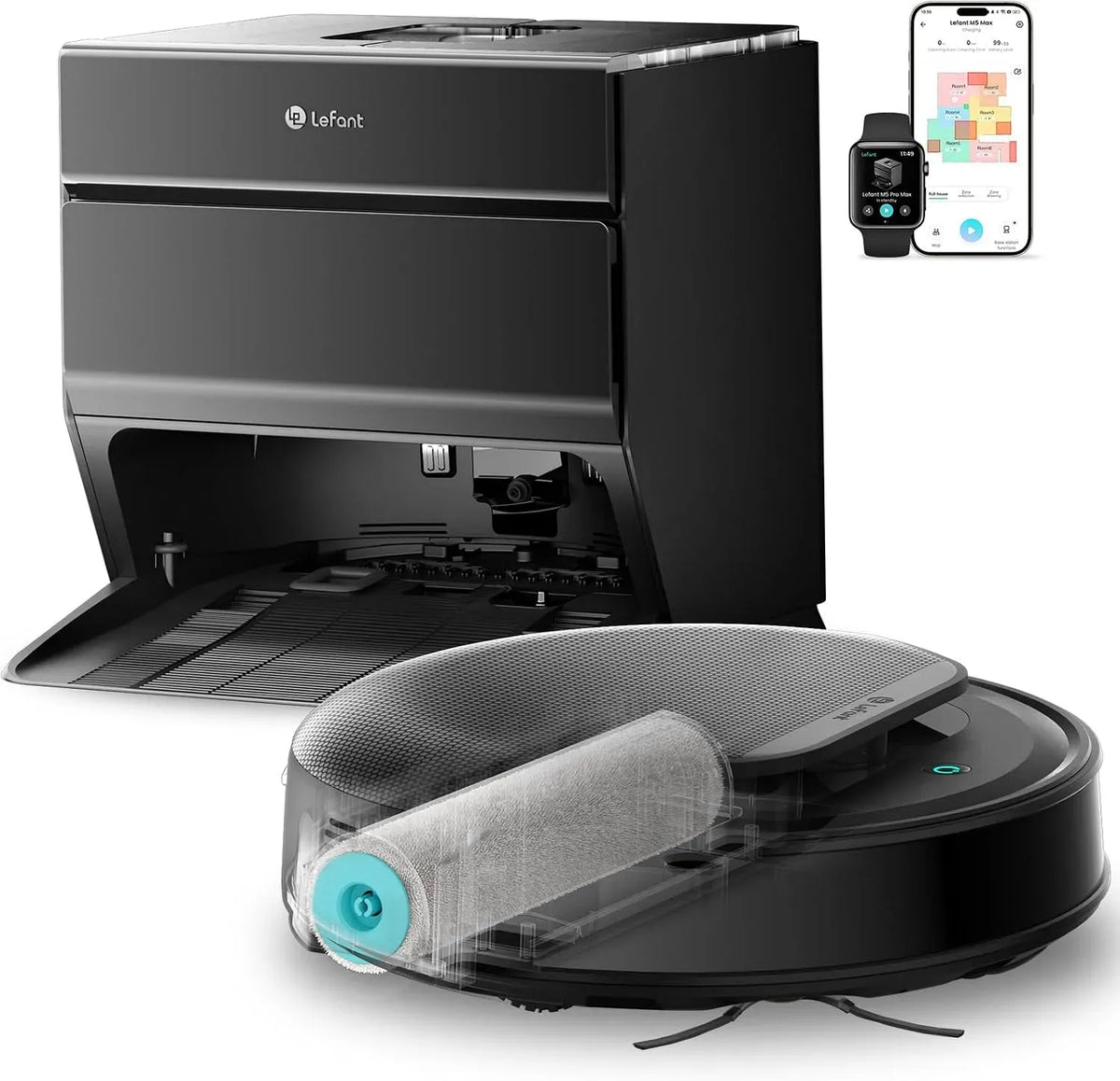 Lefant PSD 2 120gg Robot aspirapolvere, 20cm, nero, Lavaggio Acqua Viva 75°C + Asciugatura Aria Fredda, Auto-Svuoto 1 0gg, Rullo 0cm