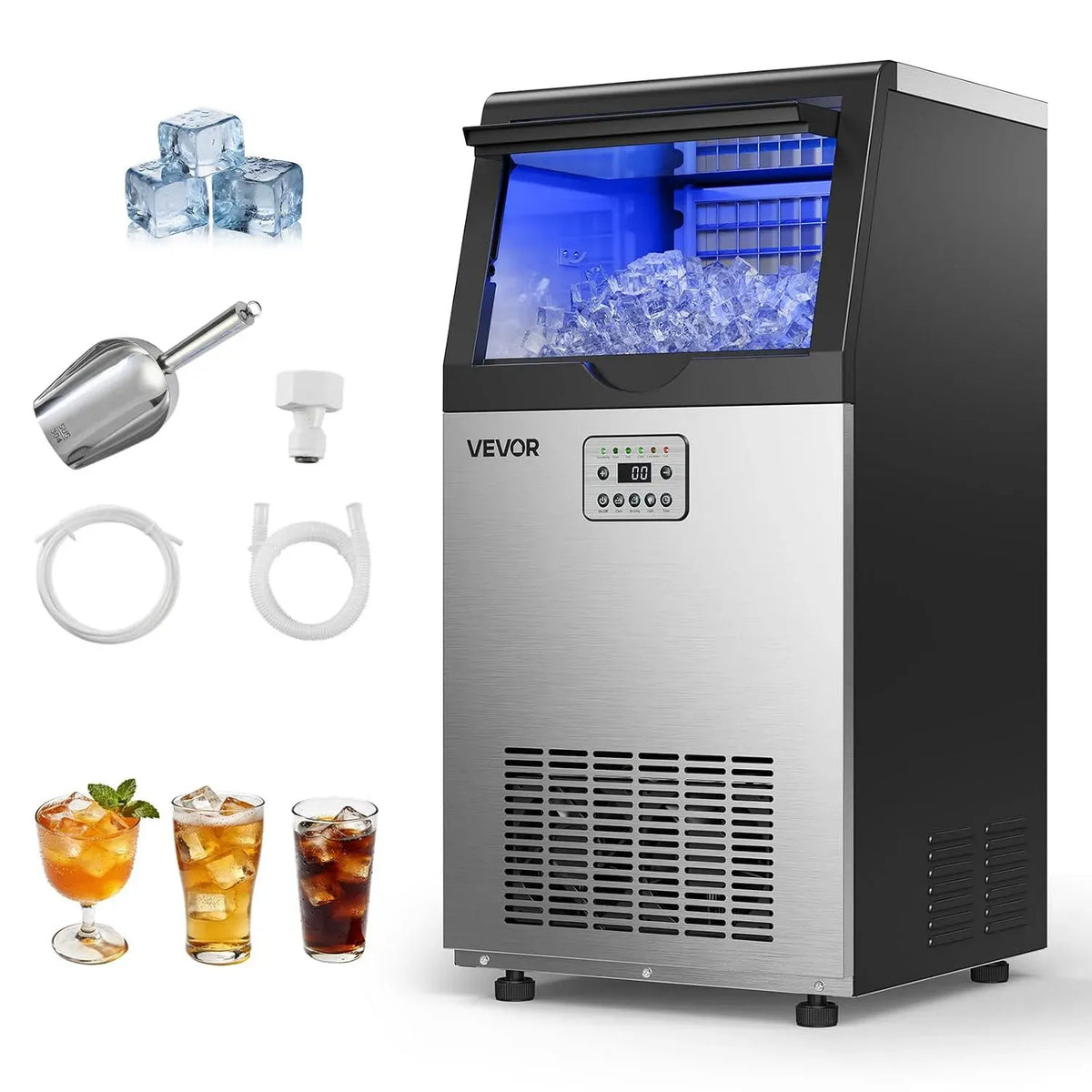VEVOR kg/24 Macchina per Cubetti, 45 kg, professionale, acciaio inox, per Cubetti di Ghiaccio Commerciale 45 kg/24 h Acciaio I