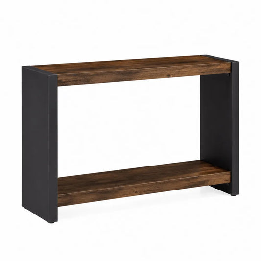 tavolo consolle con ripiano inferiore struttura in metallo nero piano in legno effetto noce 120 cm x 35 cm x 80 cm