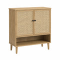 Consolle contenitore in rovere chiaro con ante in rattan naturale struttura in MDF 80 cm x 35 cm x 85 cm con ripiano aperto e gambe in legno