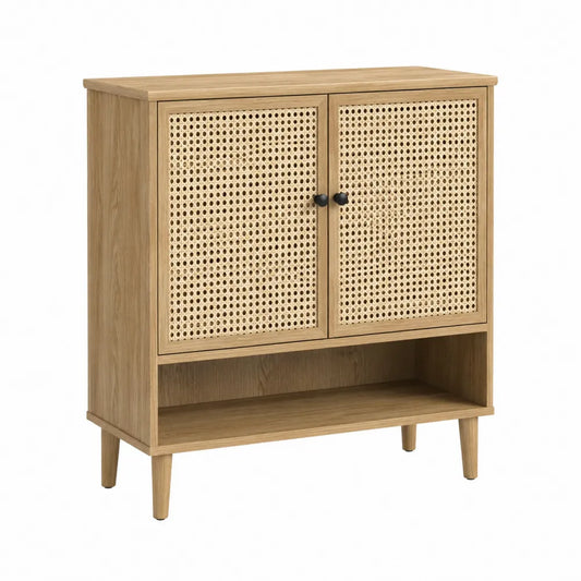 Consolle contenitore in rovere chiaro con ante in rattan naturale struttura in MDF 80 cm x 35 cm x 85 cm con ripiano aperto e gambe in legno