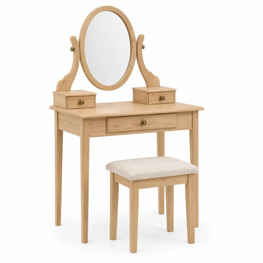 Toeletta da trucco 100 cm x 40 cm x 135 cm in legno MDF colore naturale con specchio ovale e sgabello imbottito beige e dettagli oro
