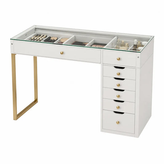 Toeletta trucco 110x40x80 cm in MDF bianco con piano in vetro e struttura in metallo dorato con cassetti e organizer