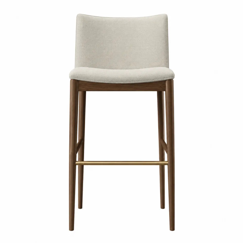 Sgabello da bar con schienale imbottito tessuto poliestere beige struttura in legno di faggio gambe in legno poggiapiedi in metallo oro 48 x 52 x 98 cm