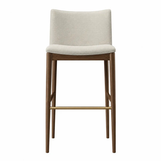 Sgabello da bar con schienale imbottito tessuto poliestere beige struttura in legno di faggio gambe in legno poggiapiedi in metallo oro 48 x 52 x 98 cm