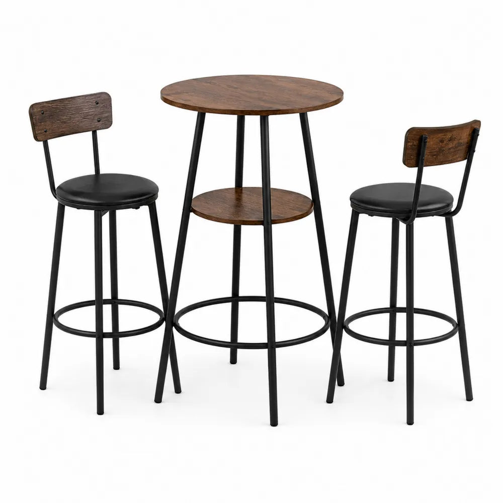 Set tavolo da bar rotondo 60 x 60 x 110 cm in legno effetto noce con struttura in metallo nero e 2 sgabelli da bar