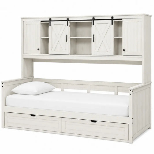 Letto singolo 90 cm x 200 cm in MDF verniciato bianco con armadio superiore e cassetti contenitore struttura con ante scorrevoli nere