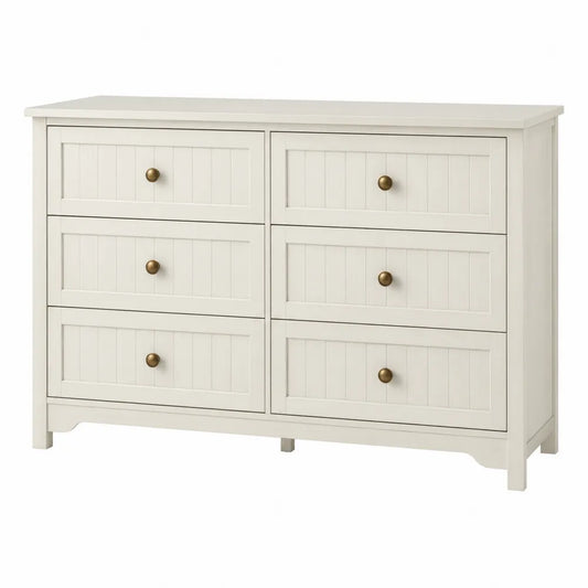 Cassettiera 120 cm x 40 cm x 80 cm in MDF bianco con 6 cassetti e maniglie in metallo dorato