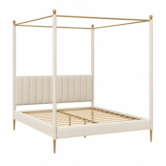 Letto matrimoniale a baldacchino 160x200 cm in acciaio verniciato oro e bianco avorio con testiera imbottita beige