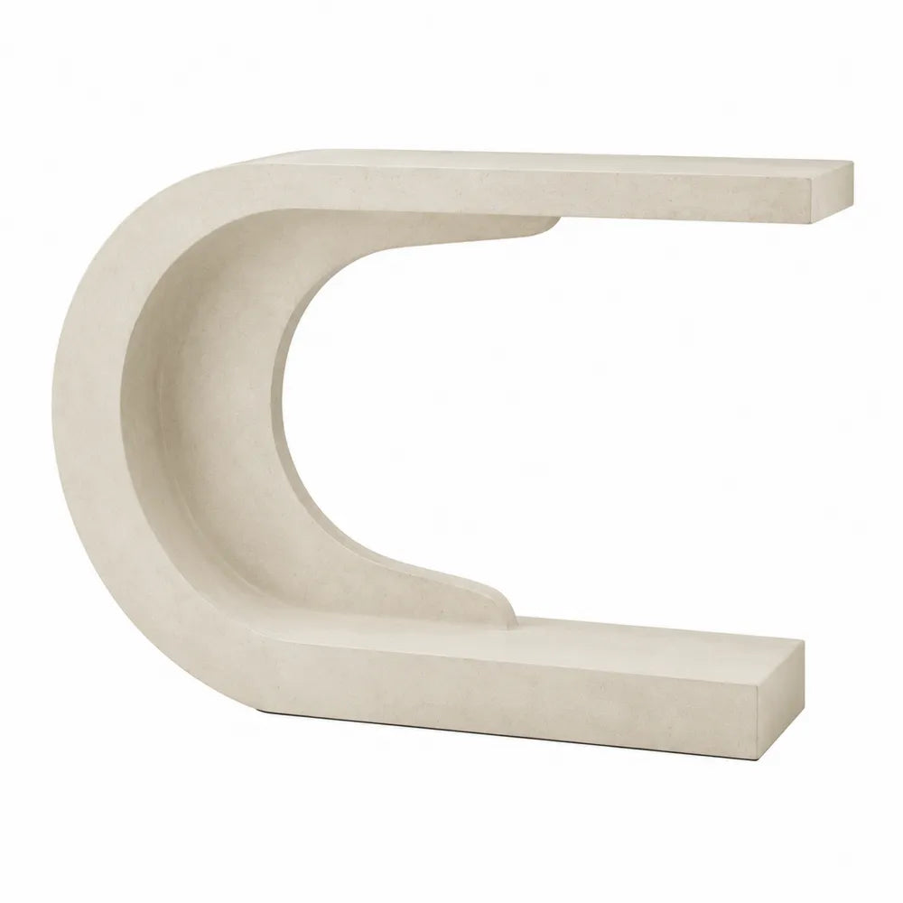 tavolo consolle a forma C struttura curva in legno ingegnerizzato effetto pietra beige 120 cm x 35 cm x 80 cm
