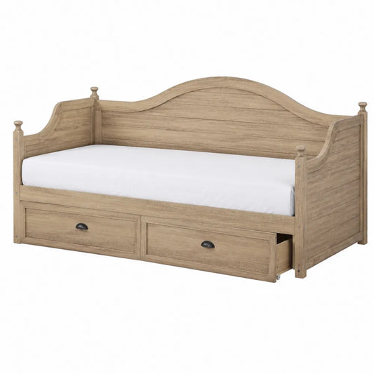 Letto singolo 90x200 cm in legno MDF effetto naturale chiaro con testiera curva e 2 cassetti contenitore