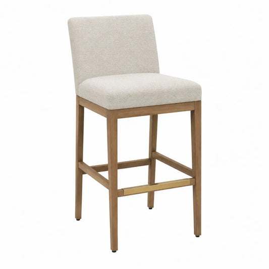 sgabello da bar con schienale seduta imbottita in tessuto poliestere struttura in legno massello di faggio poggiapiedi in metallo dorato 95 cm x 45 cm x 50 cm beige