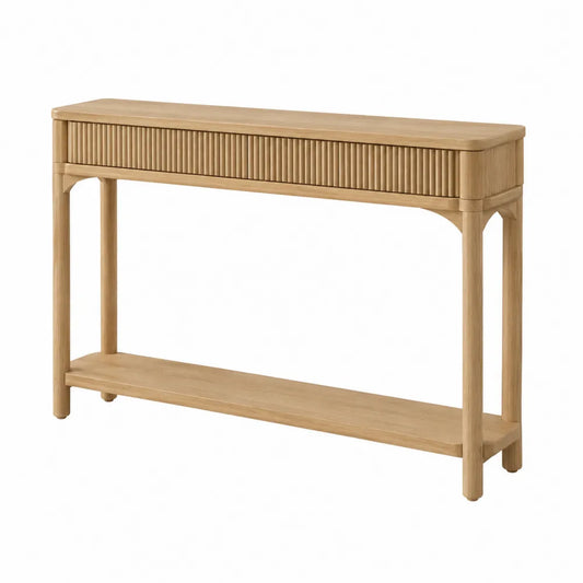 Consolle soggiorno in rovere chiaro MDF con cassetto frontale a doghe e ripiano inferiore 100 cm x 35 cm x 80 cm