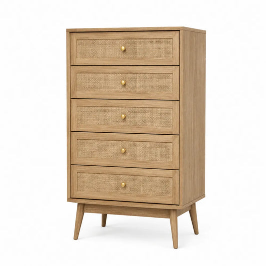 Cassettiera in MDF e rattan naturale 60 x 40 x 100 cm con 5 cassetti colore legno naturale e dettagli oro