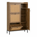 Cassettiera armadio in legno MDF con 2 cassetti vano rattan a ribalta anta laterale con ripiani struttura in acciaio nero 80 cm x 35 cm x 120 cm colore legno naturale