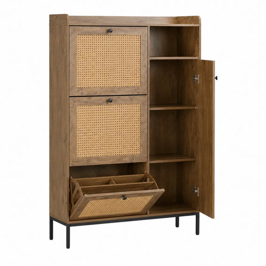 Cassettiera armadio in legno MDF con 2 cassetti vano rattan a ribalta anta laterale con ripiani struttura in acciaio nero 80 cm x 35 cm x 120 cm colore legno naturale