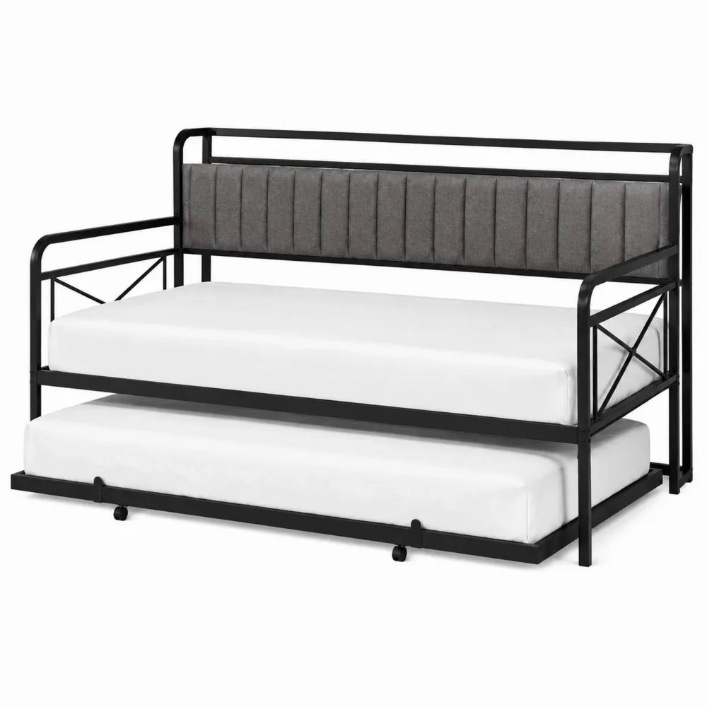 Letto singolo in acciaio nero 90 x 200 cm con letto estraibile e schienale imbottito grigio con rete a doghe