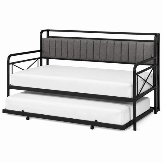 Letto singolo in acciaio nero 90 x 200 cm con letto estraibile e schienale imbottito grigio con rete a doghe