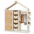 Armadio per bambini 120 x 40 x 160 cm in MDF e legno con struttura a casetta colore bianco e legno naturale con cassetti e asta appendiabiti