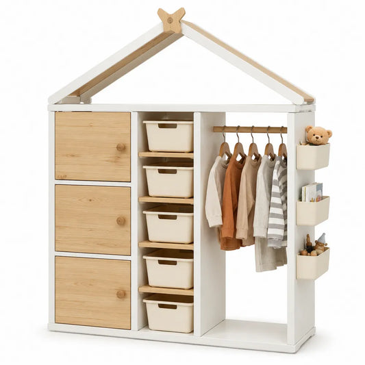 Armadio per bambini 120 x 40 x 160 cm in MDF e legno con struttura a casetta colore bianco e legno naturale con cassetti e asta appendiabiti