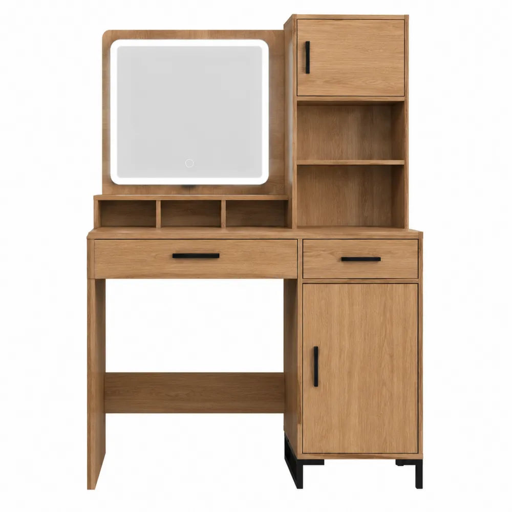 Toeletta trucco con specchio LED in MDF legno naturale con cassetti mobile laterale e vani contenitori 120 cm x 45 cm x 140 cm struttura acciaio nero