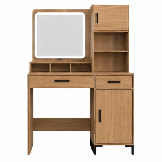 Toeletta trucco con specchio LED in MDF legno naturale con cassetti mobile laterale e vani contenitori 120 cm x 45 cm x 140 cm struttura acciaio nero