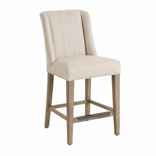 sgabello da bar con schienale imbottito in tessuto poliestere struttura in legno massello di faggio poggiapiedi in metallo nero 100 cm x 45 cm x 55 cm beige chiaro