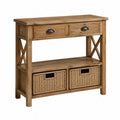 Tavolo consolle 100 cm x 35 cm x 80 cm in legno effetto naturale con 2 cassetti e cestoni in rattan con ripiano inferiore