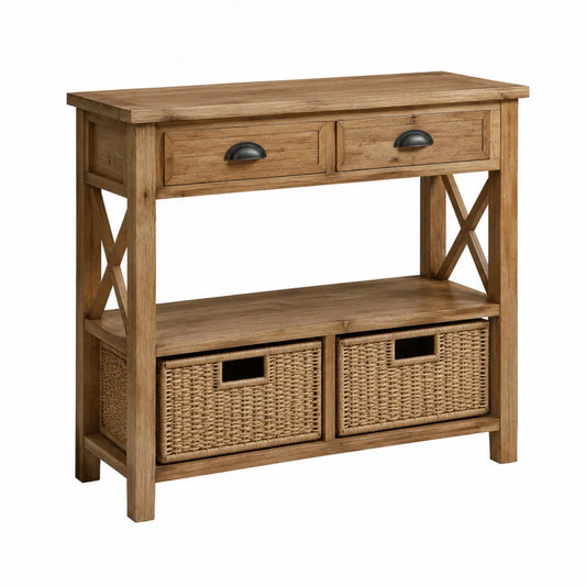Tavolo consolle 100 cm x 35 cm x 80 cm in legno effetto naturale con 2 cassetti e cestoni in rattan con ripiano inferiore