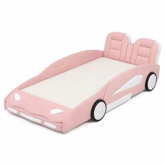 Letto per bambini a forma di auto 200 cm x 120 cm x 110 cm in MDF rivestito in similpelle PU rosa bianco nero con rete a doghe e testiera imbottita