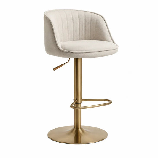 Sgabello da bar regolabile girevole seduta imbottita tessuto poliestere schienale imbottito struttura in metallo dorato con poggiapiedi 95-115 cm x 50 cm x 52 cm grigio chiaro oro