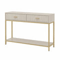 tavolo consolle con doppio cassetto struttura in metallo finitura oro piano effetto legno chiaro e ripiano inferiore 120 cm x dimensioni non specificate x dimensioni non specificate