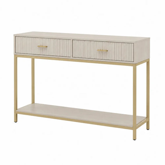 tavolo consolle con doppio cassetto struttura in metallo finitura oro piano effetto legno chiaro e ripiano inferiore 120 cm x dimensioni non specificate x dimensioni non specificate