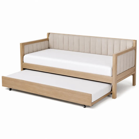 Letto singolo 90 x 200 cm in legno MDF e struttura effetto legno naturale con letto estraibile e schienale imbottito beige