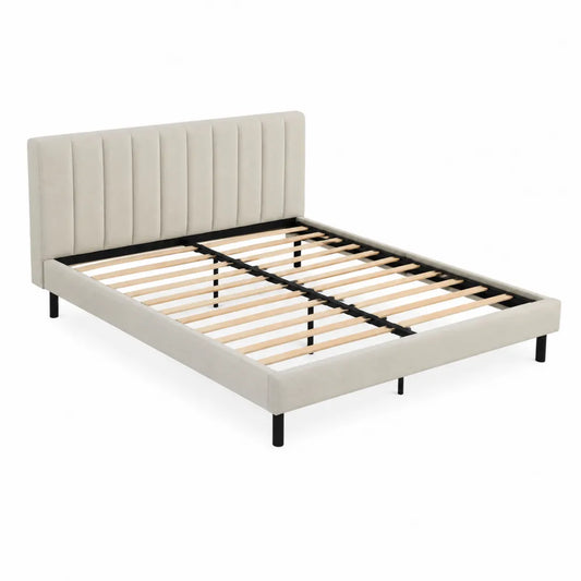 Letto matrimoniale imbottito beige 160x200 cm con testiera a doghe verticali e struttura in legno naturale