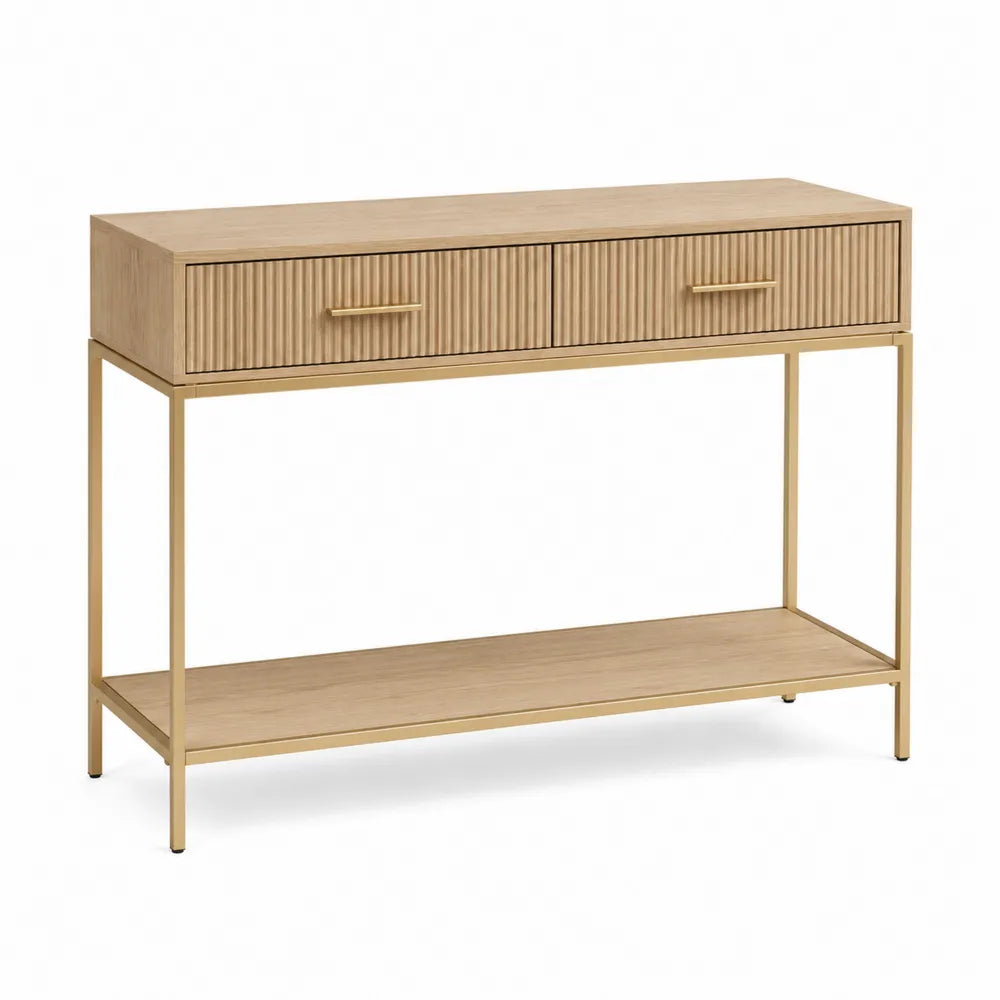 Tavolo consolle con cassetti struttura in metallo dorato piano effetto rovere naturale 120 x 40 x 80 cm
