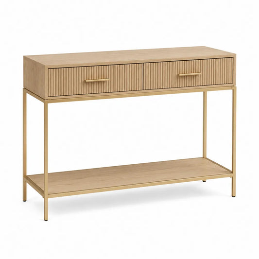 Tavolo consolle con cassetti struttura in metallo dorato piano effetto rovere naturale 120 x 40 x 80 cm