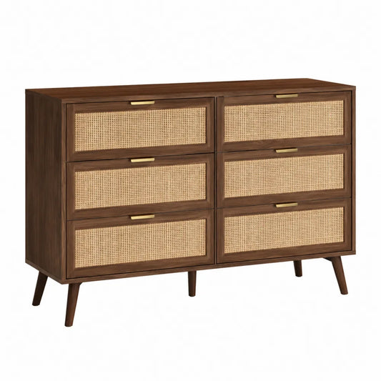 Cassettiera 120 cm x 40 cm x 80 cm in legno MDF effetto naturale con 6 cassetti frontali in rattan e maniglie in metallo dorato