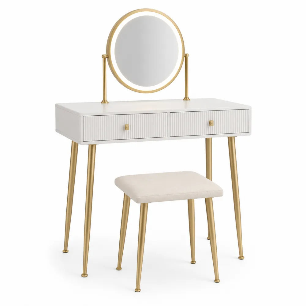 Toeletta trucco 110x45x145 cm in MDF bianco con specchio rotondo LED e struttura in metallo dorato con sgabello imbottito