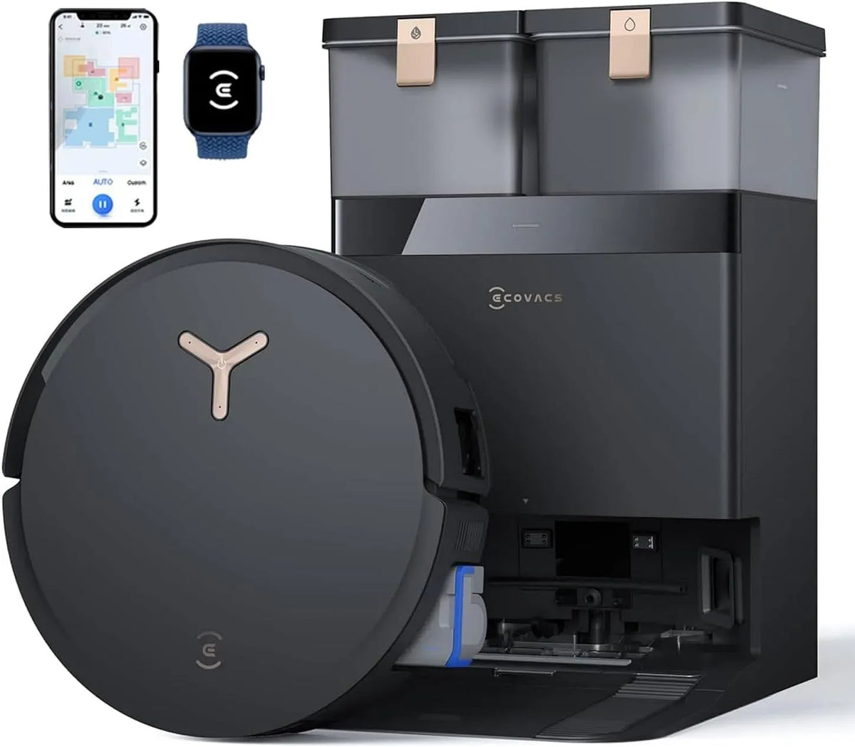 Robot aspirapolvere, 40 a 75 °C, ECOVACS DEEBOT, nero, Tecnologia di Lavaggio Automatico Istantaneo OZMO ROLLER, Pulizia con acqua calda 40-75°C