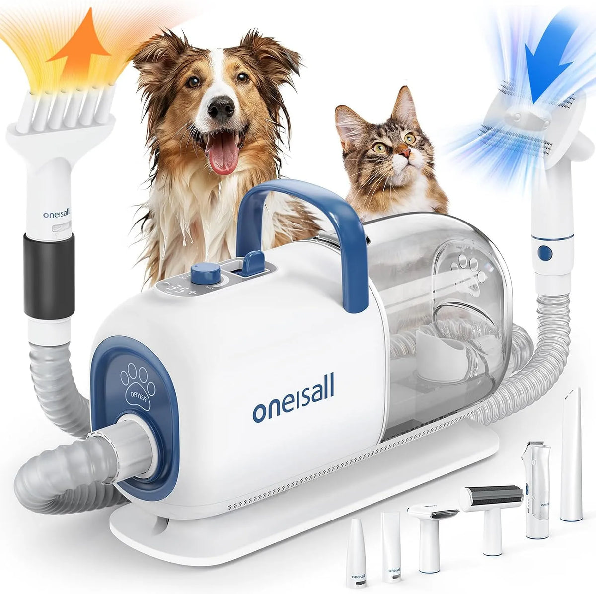 Flusso d'Aria Regolabile, oneisall Asciugacapelli e Tagliacapelli per Toelettatura Cani, 15000 Pa, 7 Livelli di Temperatura del Soffio, 2,5 L, Kit per