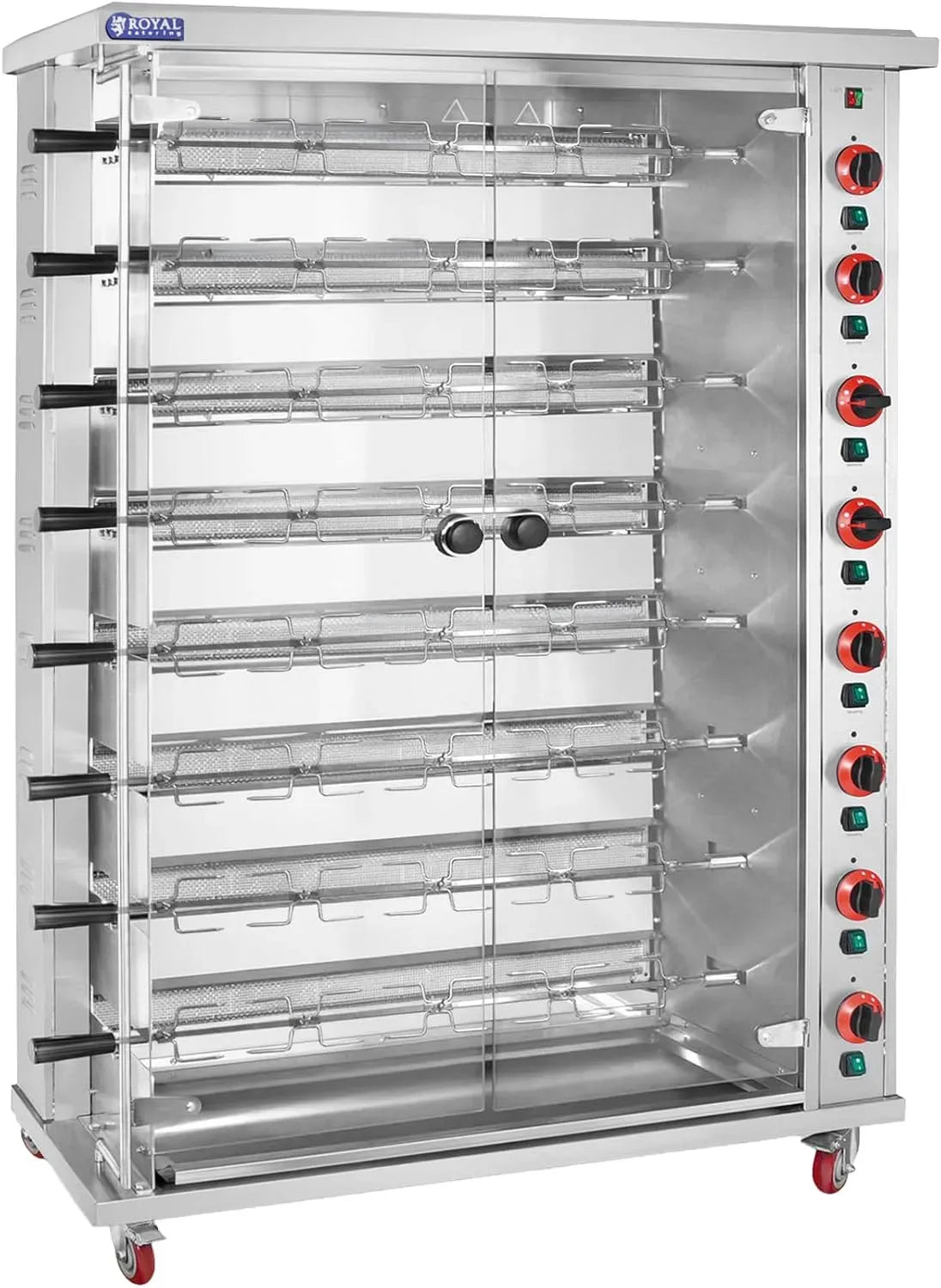 a infrarossi, Royal Catering Girarrosto a gas per polli, per Girarrosto professionale, 8 spiedi, con illuminazione e ruote, acciaio inox