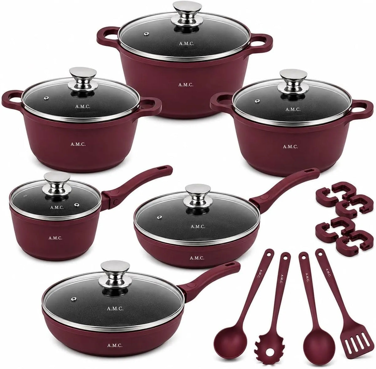 set di pentole e padelle, Batteria, 23 Pezzi, rosso, vetro, A.M.C.